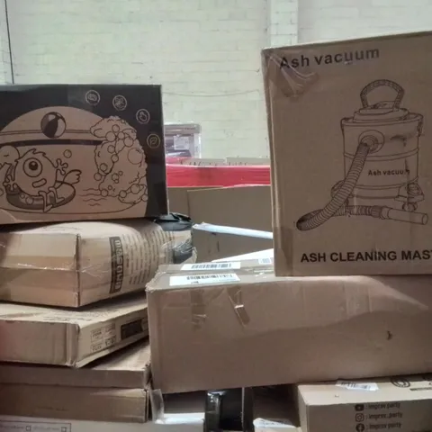 PALLET CONTAINING VARIOUS ASSORTED BOXED HOUSEHOLD ITEMS TO INCLUDE: ASH VACUUM, FOAM MACHINE, SLEEPING BAG, AND LOTS MORE UNMARKED BOXED ITEMS