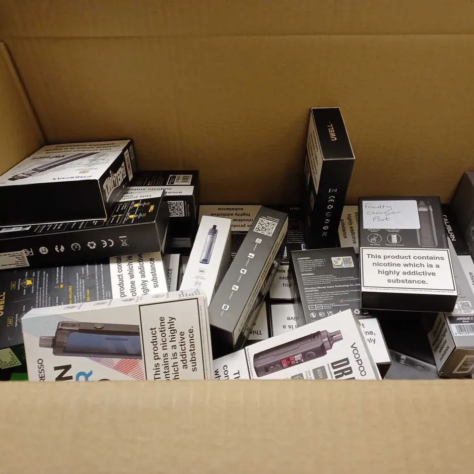 LOT OF APPROXIMATELY 30 ASSORTED E-CIGARETTES AND LIQUIDS TO INCLUDE UWELL CALIBURN A2 POD SYSTEM, VOOPOO DRAG X, VAPORESSO GEN AIR 40, ETC