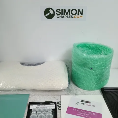 BOX OF APPROXIMATELY 7 ASSORTED ITEMS INCLUDING A WHISK BAKING TRAY, HOBBYCRAFT VALUECRAFTS CANVAS PANEL 285G TRIPLE PACK AND HOBBY CRAFT STORAGE CUPS