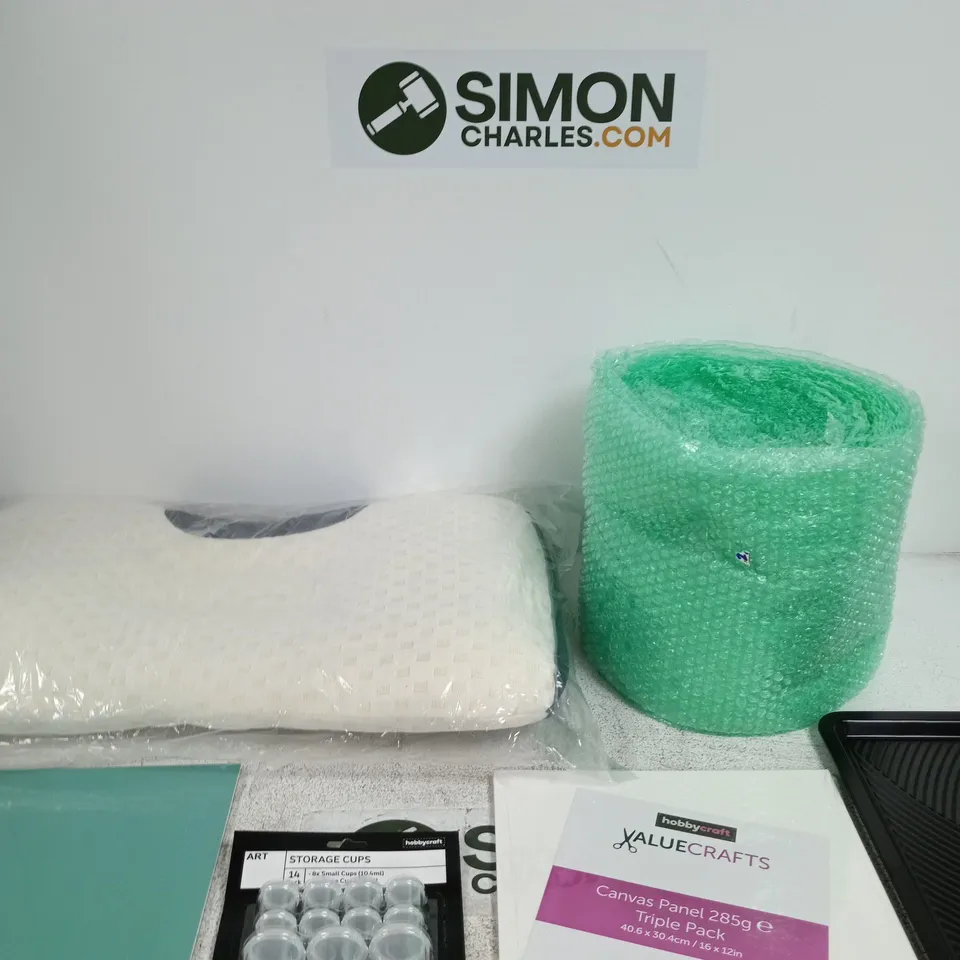 BOX OF APPROXIMATELY 7 ASSORTED ITEMS INCLUDING A WHISK BAKING TRAY, HOBBYCRAFT VALUECRAFTS CANVAS PANEL 285G TRIPLE PACK AND HOBBY CRAFT STORAGE CUPS