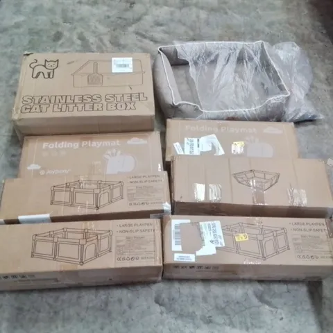 PALLET CONTAINING ASSORTED ITEMS TO INCLUDE: BABY PLAYPENS, FOLDING PLAYMATS, STAINLESS STEEL CAT LITTER BOX, PET BED, MATTRESS TOPPER ECT