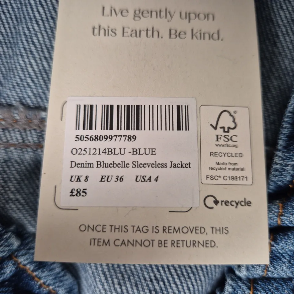 DENIM BLUEBELLE SLEEVELESS JACKET – UK 8 (EU 36)