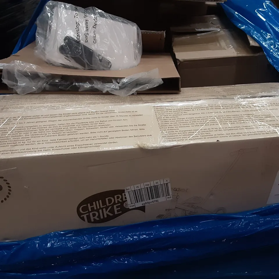 PALLET OF ASSORTED PRODUCTS INCLUDING UMI WALL MOUNTED RETRACTABLE GARDEN HOSE REEL WITH HOSE, WOOL FEDORA HAT, XJD CHILDREN'S TRIKE, PAXCESS PRESSURE WASHER, MASTHOME SQUEEZE SPONGE MOP 