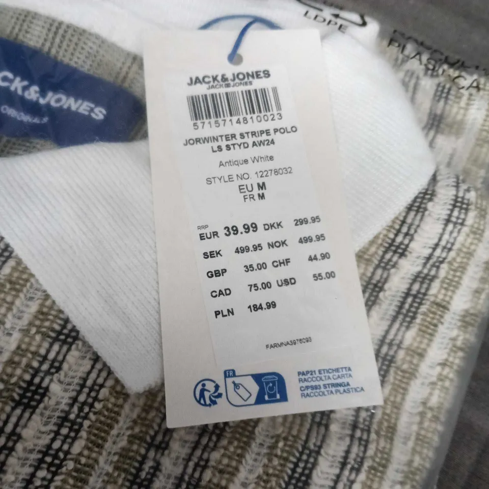 JACK & JONES JORWINTER STRIPE POLO LS AW24 - ANTIQUE WHITE, MEN'S LONG-SLEEVE POLO SHIRT (UK M)