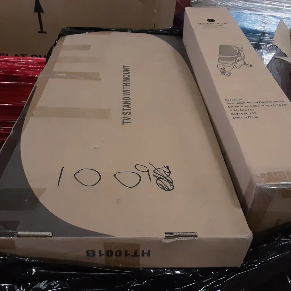 PALLET OF ASSORTED PRODUCTS INCLUDING TV STAND WITH MOUNT, ROODO PLUS PET STROLLER, PETSAFE AUTO BALL THROWER, KIDS TOUCH AND LEARN ACTIVITY DESK 