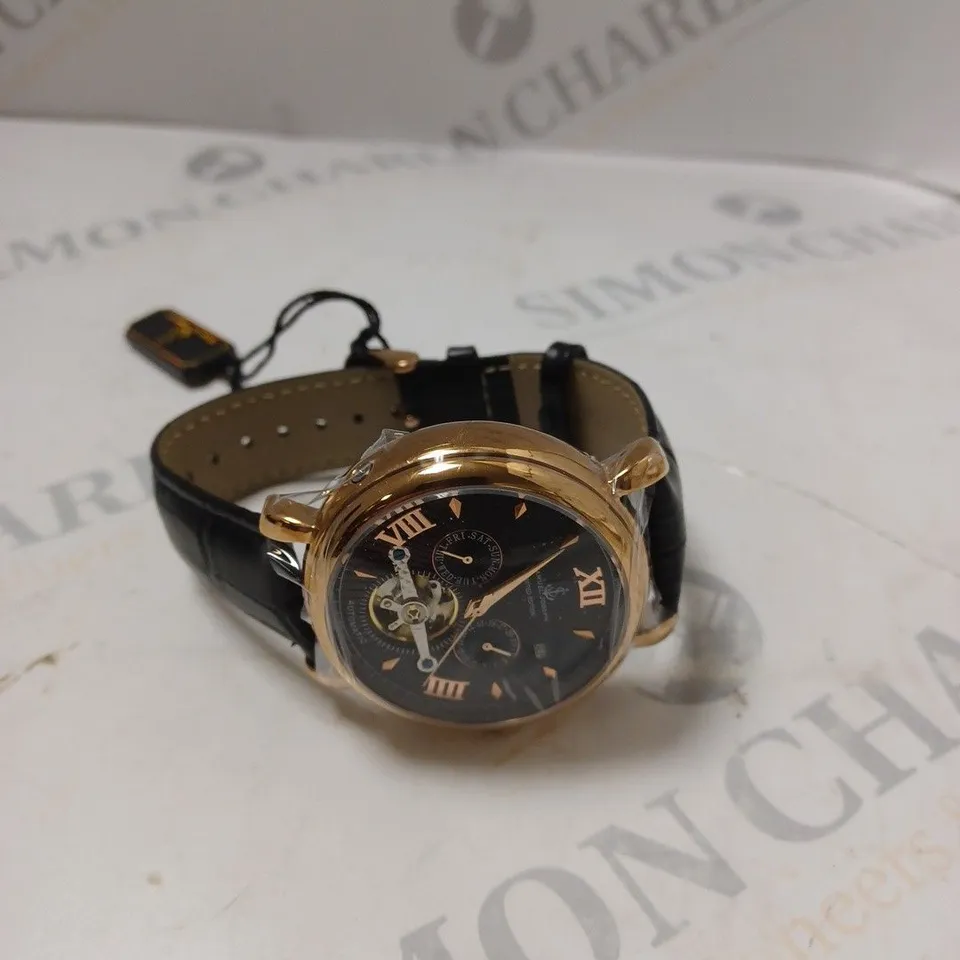 BOXED SAMUEL JOSEPH AUTOMATIC ROSE BLACK WATCH WITH LEATHER STRAP