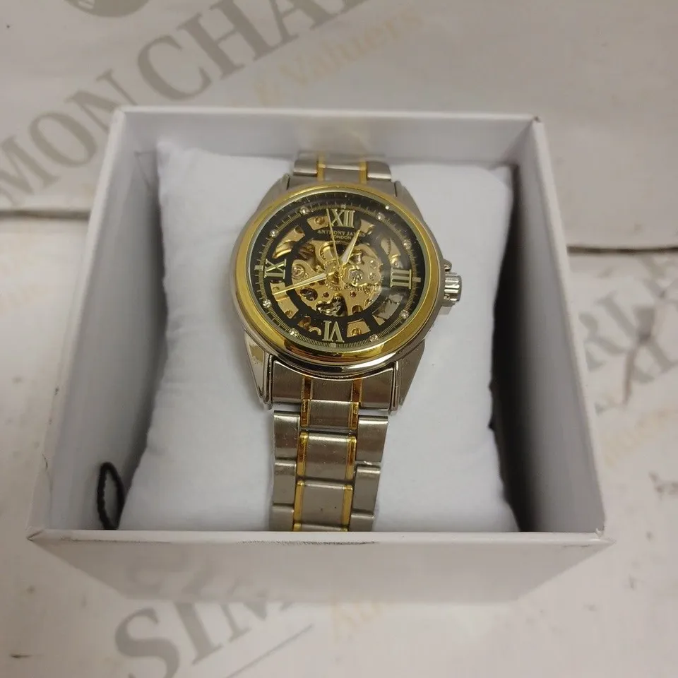 BOXED ANTHONY JAMES WATCH - TWO TONE STAINLESS STEEL - AUTOMATIC - SKELETON FACE - WATER RESISTANT. 