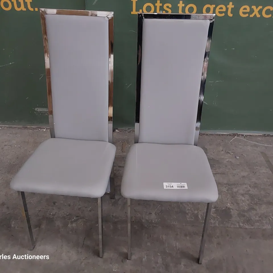 PAIR OF CHROME FRAMED HIGH BACK DINING CHAIRS UPHOLSTERED GREY PU
