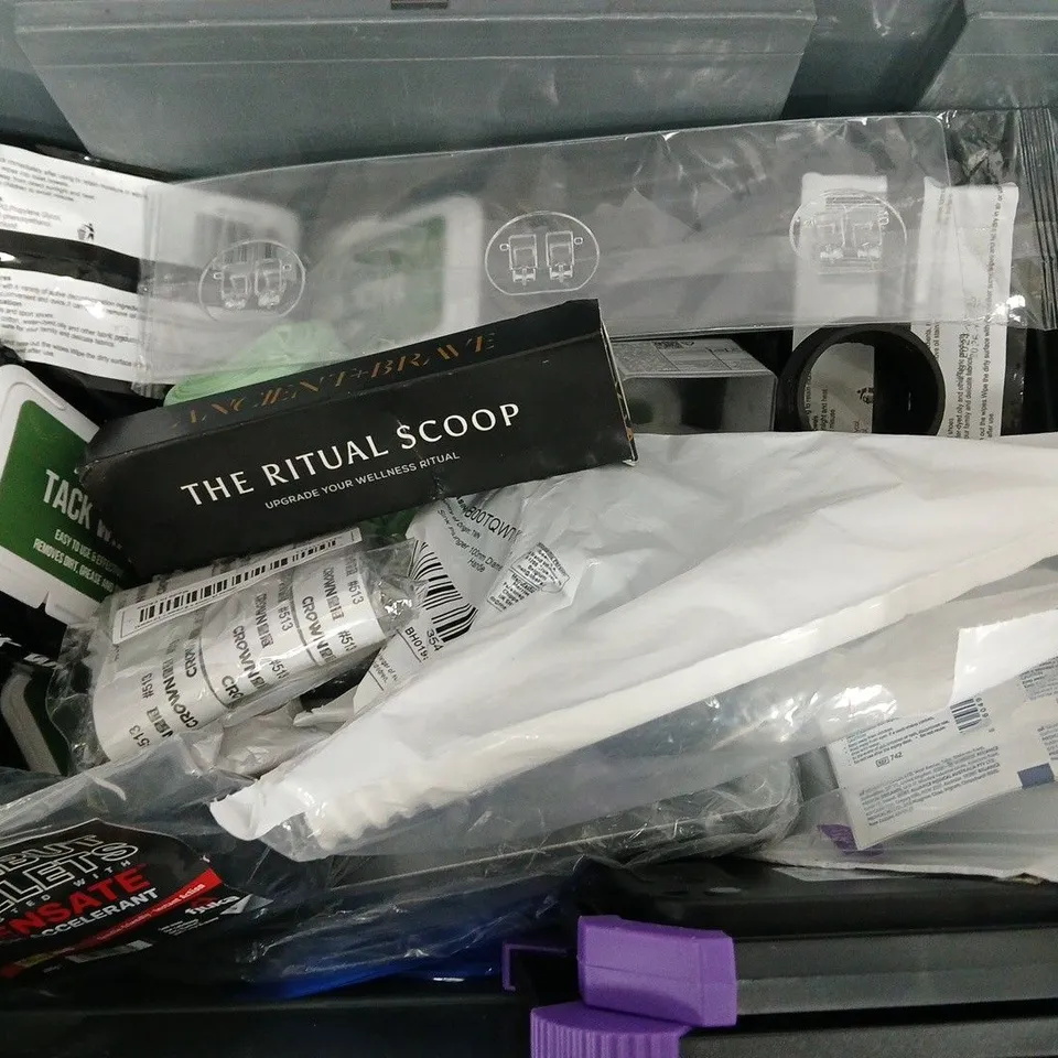 APPROXIMATELY 12 ASSORTED HOUSEHOLD ITEMS TO INCLUDE TACK WIPES, HALIBUT PELLETS, THE RITUAL SCOOP, ETC