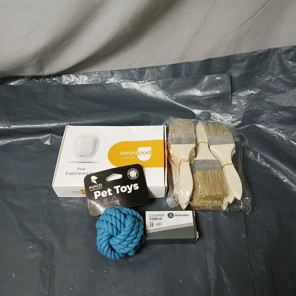APPROXIMATELY 15 ASSORTED HOUSEHOLD ITEMS TO INCLUDE OMNIPOD EXPERIENCE KIT, PAINT BRUSHES, PET TOY, COOPER TORCH DEFENDER ETC