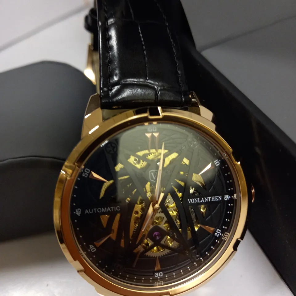VONLANTHEN MEN'S AUTOMATIC WATCH WITH EXHIBITION BACK BLACK LEATHER STRAP