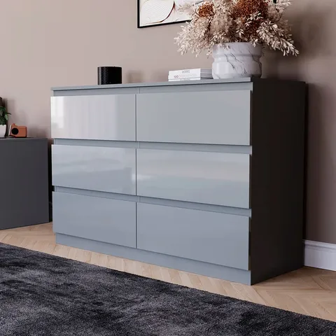 BOXED OSLO 6 DRAWER HIGH GLOSS CHEST, (FSC 100%) BEDROOM HOME STORAGE - GREY (1 BOX)