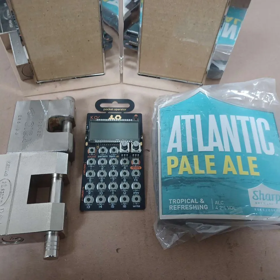 BOX OF ASSORTED HOUSE HOLD ITEMS TO INCLUDE - PIC FRAME - PADLOCKS - ATLANTIC BEER PUMP 