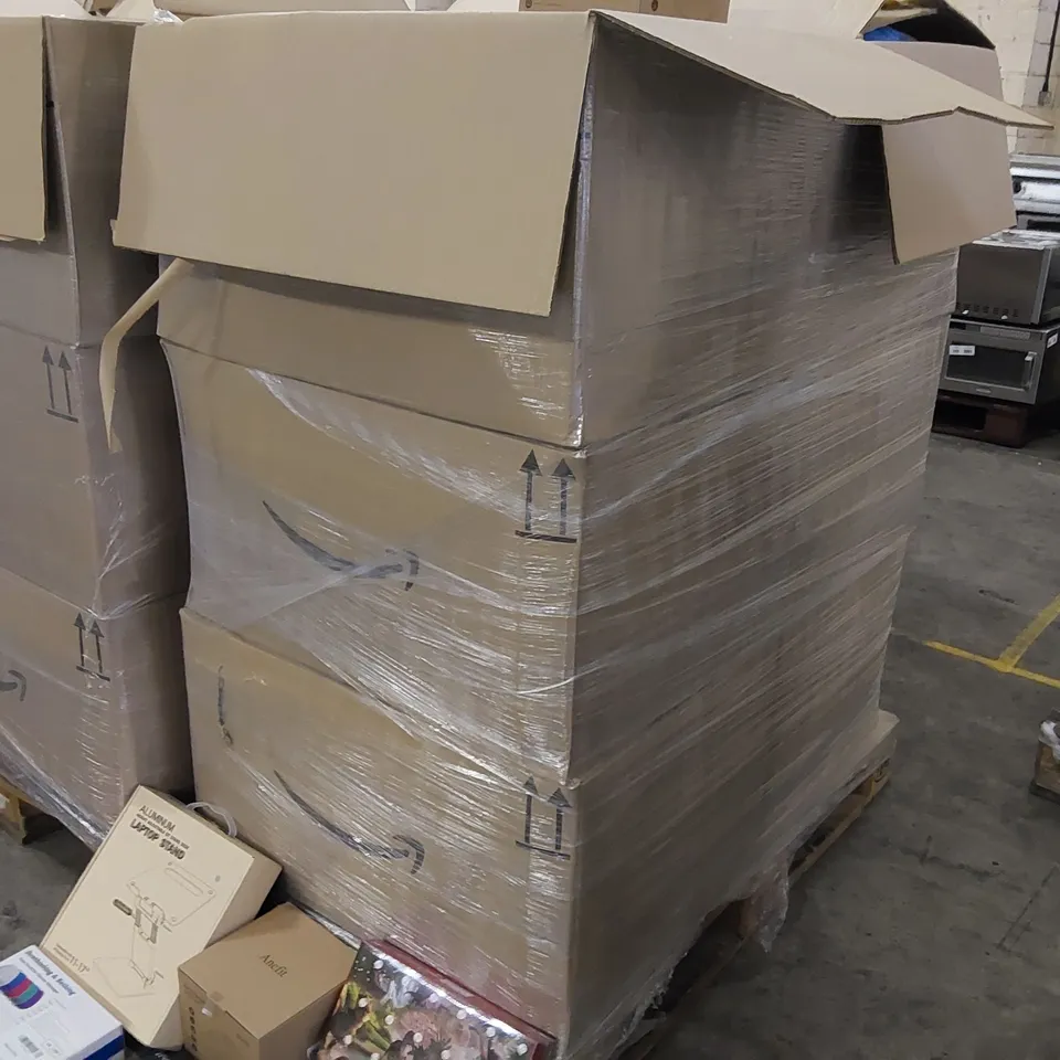 PALLET OF ASSORTED ITEMS INCLUDING: LAPTOP STAND, DINOSAUR ADVENT CALANDER, FOOT SCRUBBER, WICKING STRAPS, DVD, POOL COVER, PET FOUNTAIN, WOMEN'S KNICKERS, SUNGLASSES 