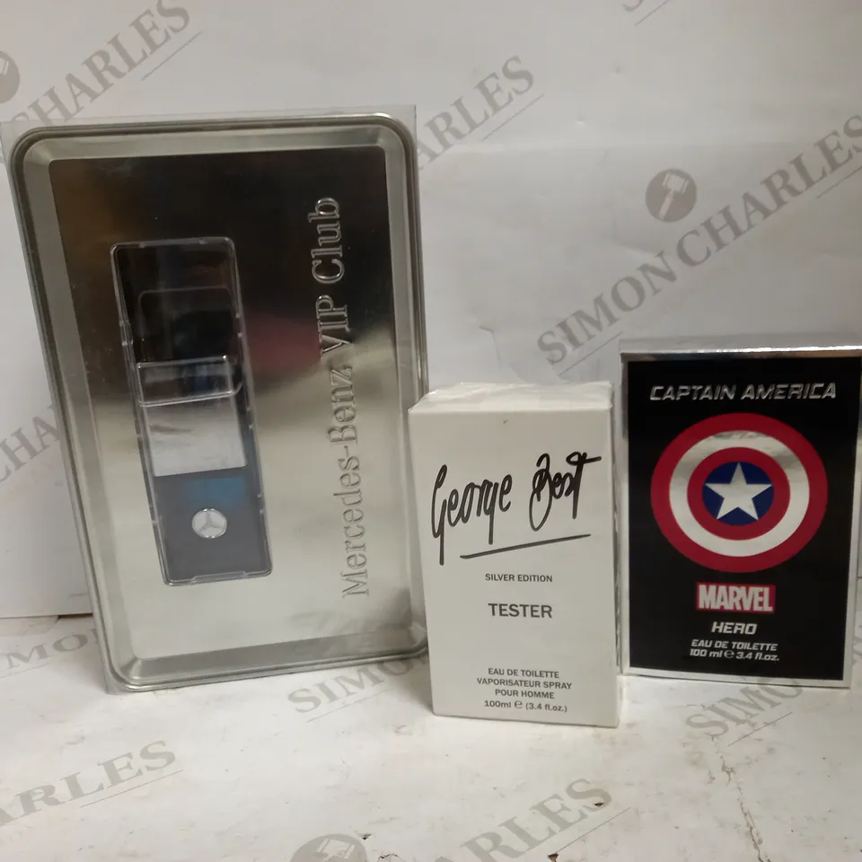 LOT OF 3 ASSORTED FRAGRANCES TO INCLUDE MERCEDES BENZ VIP CLUB EAU DE TOILETTE NATURAL SPRAY 50ML, GEORGE BEST SILVER EDITION TESTER 100ML, CAPTAIN AMERICA HERO EDT 100ML