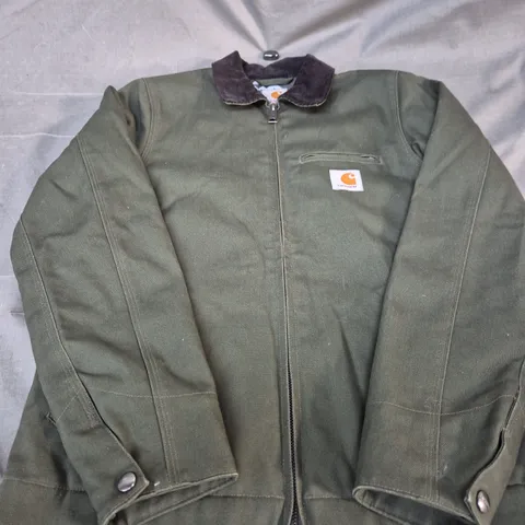 CARHARTT OLIVE GREEN ZIP-FRONT JACKET WITH CORDUROY COLLAR – XS