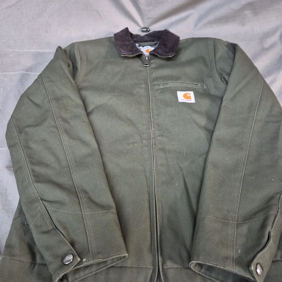 CARHARTT OLIVE GREEN ZIP-FRONT JACKET WITH CORDUROY COLLAR – XS 