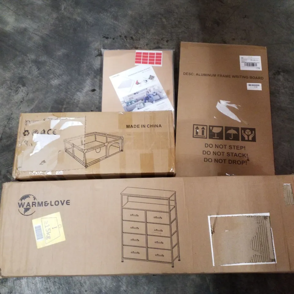 PALLET OF ASSORTED PRODUCTS INCLUDING ALUMINIUM FRAME WRITING BOARD, CAT DETERRENT OUTDOOR SCAT MAT, PLAYPEN, CHEST OF DRAWERS, AIR COOLER