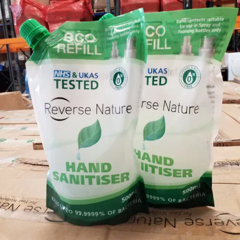 PALLET OF APPROXIMATELY 80 BOXES EACH CONTAINING 10 REVERSE NATURE HAND SANITISER 500ML BAGS