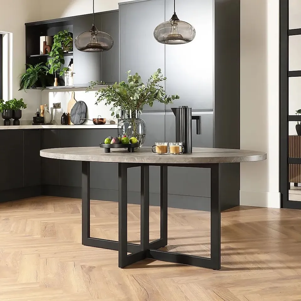 BOXED NEWBURY OVAL INDUSTRIAL DINING TABLE, 180cm, GREY CONCRETE EFFECT & BLACK STEEL (2 BOXES)