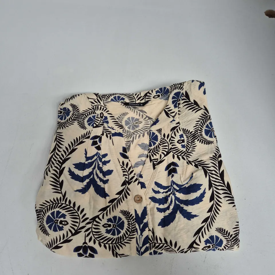 TROPICAL LEAF PRINT DRESS– IVORY WITH BLUE LEAVES, UK SIZE 16