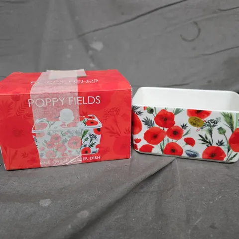 BOXED THE LEONARDO COLLECTION POPPY FIELDS FINE CHINA BUTTER DISH – FLORAL RED POPPIES