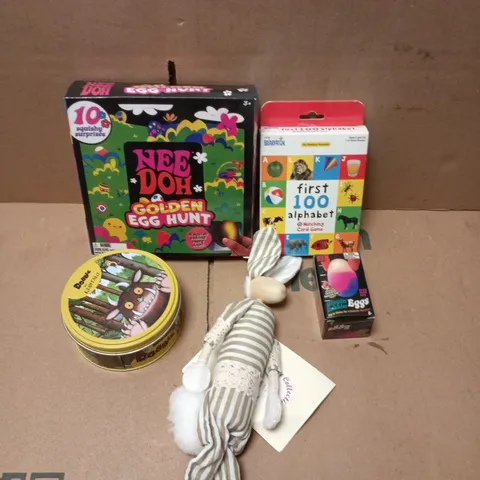 APPROXIMATELY 10 ASSORTED TOYS & GAMES PRODUCTS TO INCLUDE EGG HUNT GAME, DOBBLE, FIGURINE ETC 