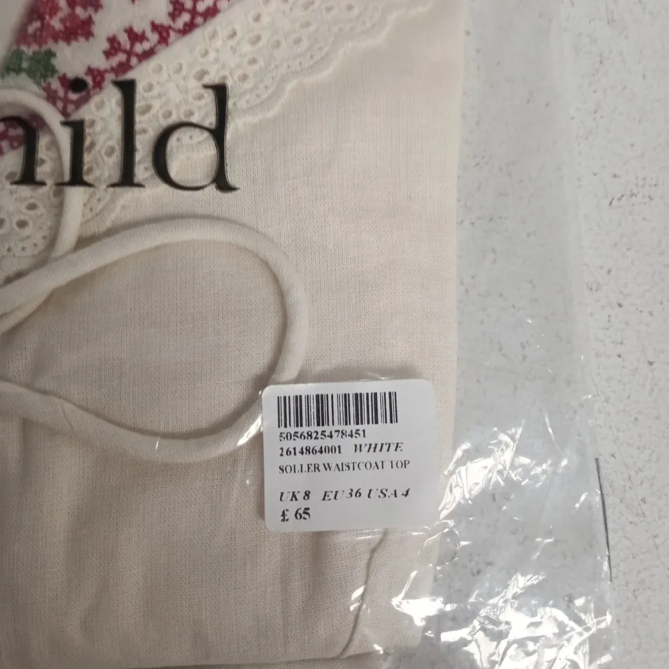 NOBODY'S CHILD WHITE LACE WAISTCOAT TOP – UK 8 (EU 36, USA 4)