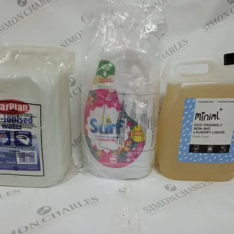 BOX OF APPROX 3 ASSORTED LIQUIDS TO INCLUDE - MINML ECO-FRIENDLY LAUNDRY LIQUID - CAR PLAN WATER - SURF