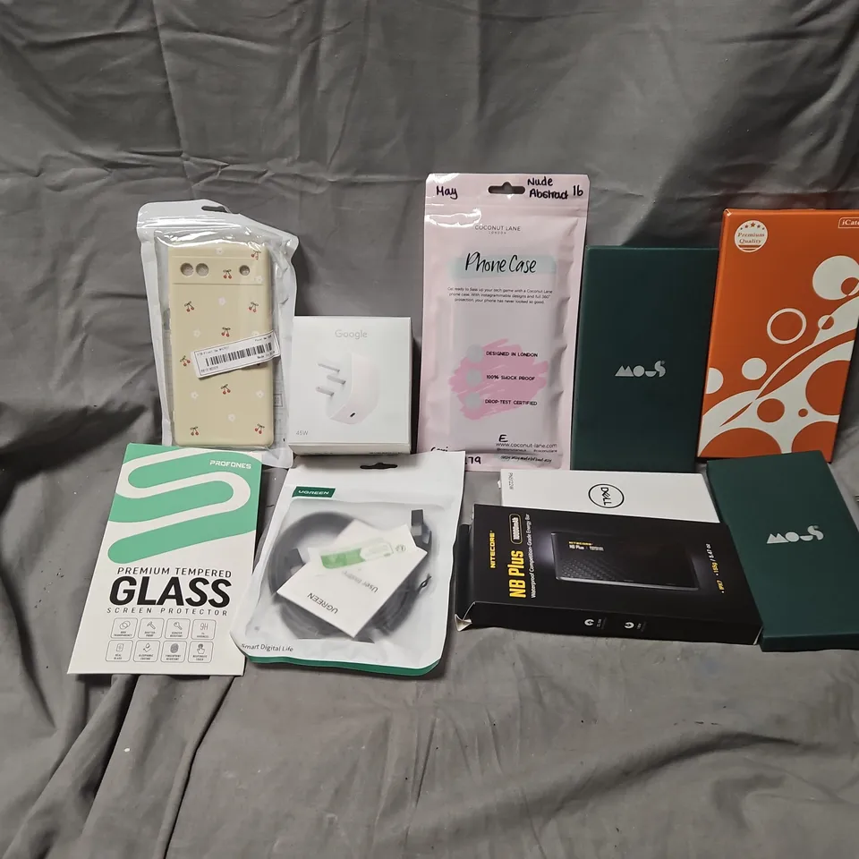 APPROXIMATELY 15 ASSORTED ELECTRICAL PRODUCTS TO INCLUDE GOOGLE 45W PLUG, NITECORE NB PLUS, TEMPERED GLASS SCREEN PROTECTORS, ETC