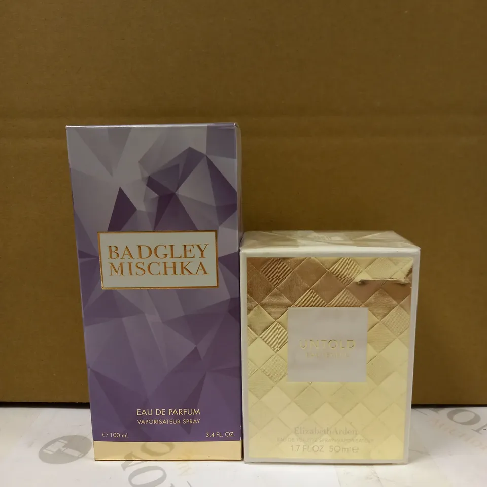 LOT OF 2 ASSORTED PERFUMES TO INCLUDE UNTOLD BY ELIZABETH ARDEN & BADGLEY MISCHKA