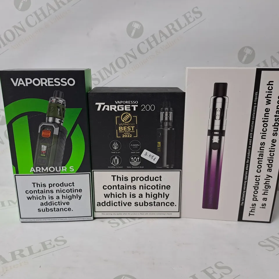 APPROXIMATELY 20 ASSORTED E-CIGARETTE PRODUCTS TO INCLUDE VAPORESSO ARMOUR S, VAPORESSO TARGET 200, INNOKIN, ENDURA T18II