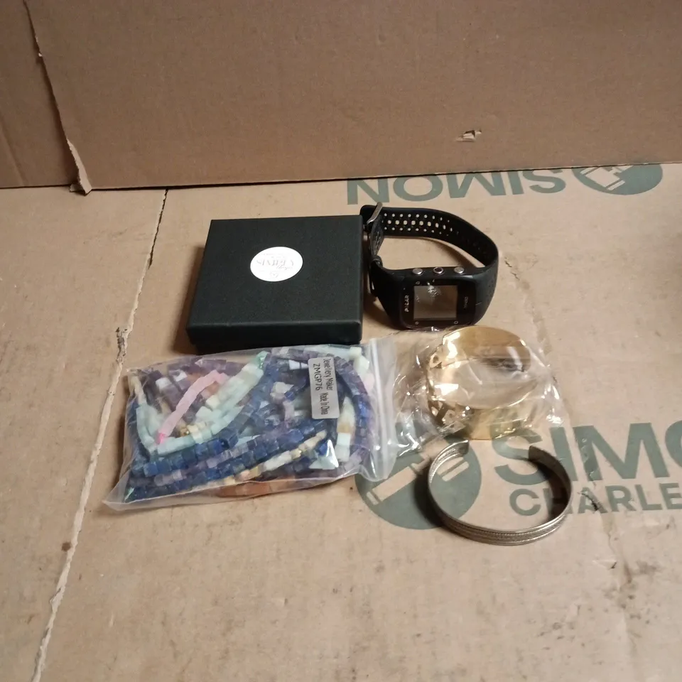TOTE OF APPROXIMATELY 15 ASSORTED JEWELLERY/WATCH RELATED ITEMS TO INCLUDE POLAR, SIMPLY UNIQUE ETC