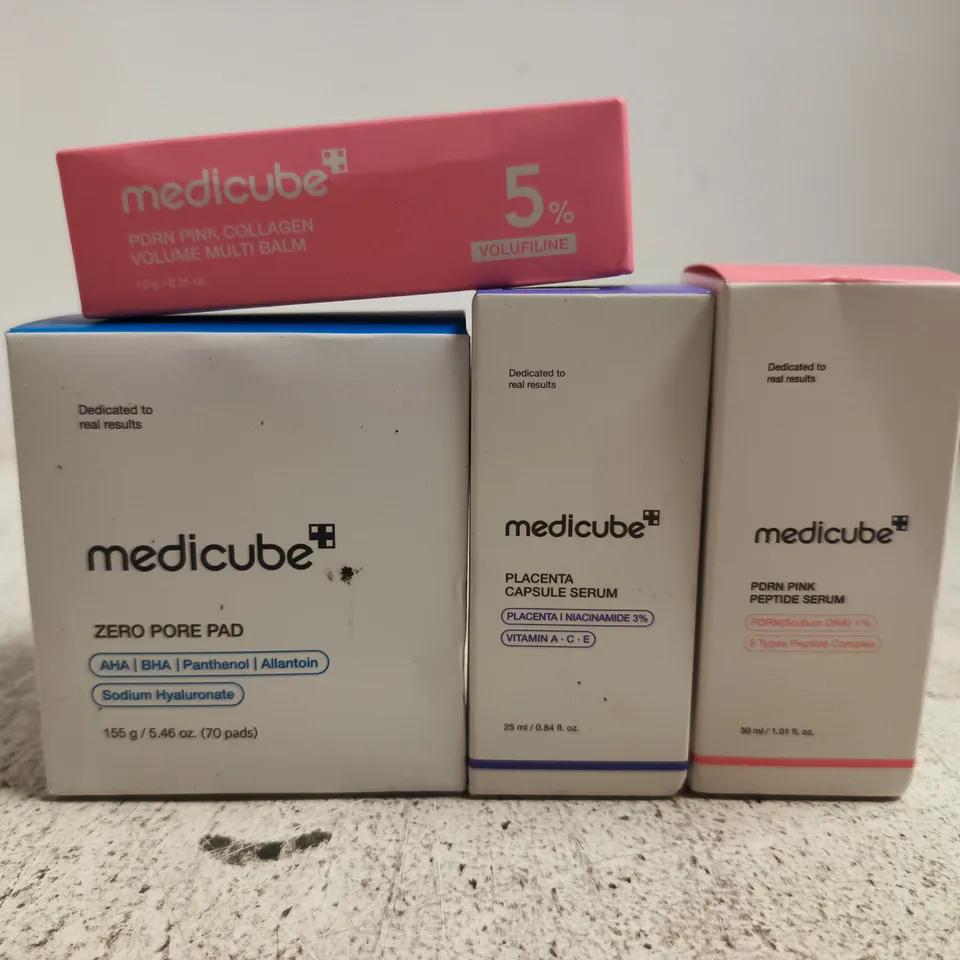 4 ASSORTED MEDICUBE PRODUCTS TO INCLUDE ZERO PORE PADS, PLACENTA CAPSULE SERUM, PINK PEPTIDE SERUM, ETC