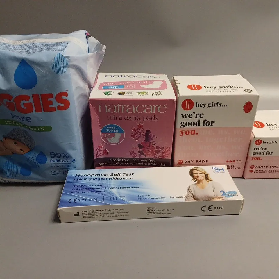 LARGE BOX OF 20 ASSORTED SANATORY PRODUCTS TOO INCLUDE  NAPPIES , MENOPAUSE TESTS , DAY PADS 