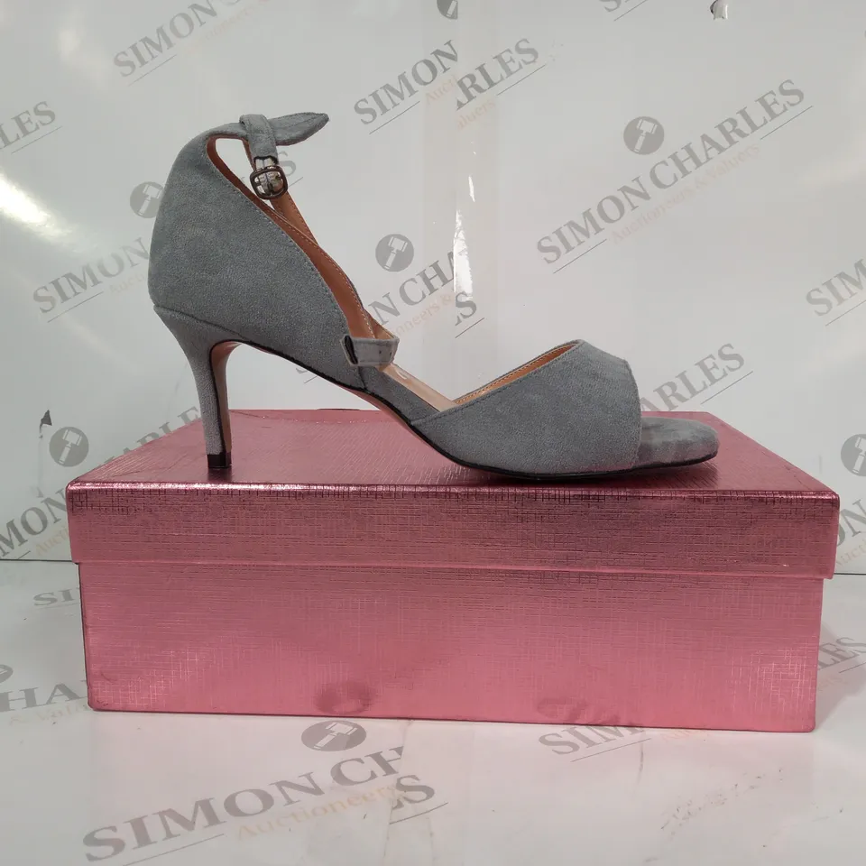 BOXED PAIR OF CASTAMERE OPEN TOE SUEDE HEELS IN GREY EU SIZE 38.5