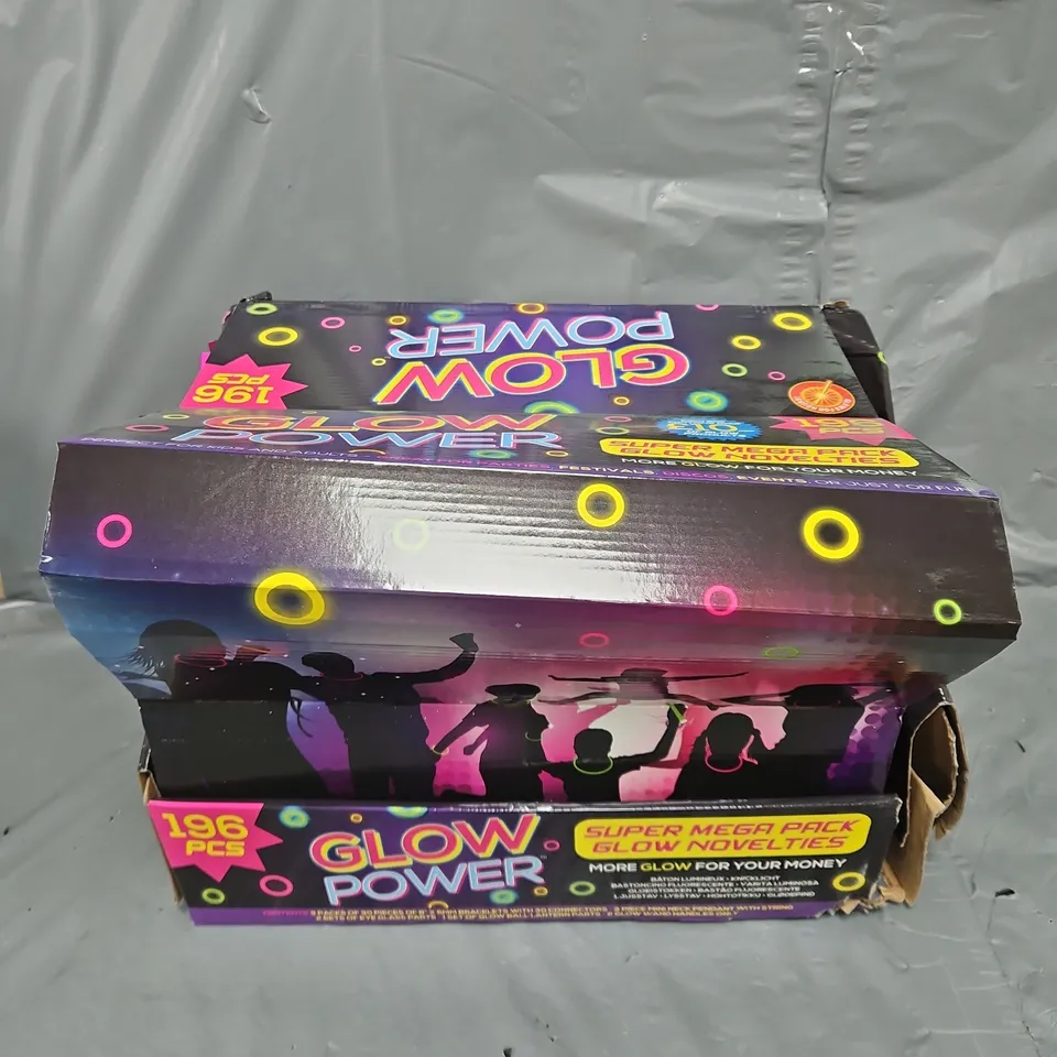 BOXED GLOW POWER SET OF 12 196PC MEGA PACKS OF GLOW NOVELTIES - COLLECTION ONLY