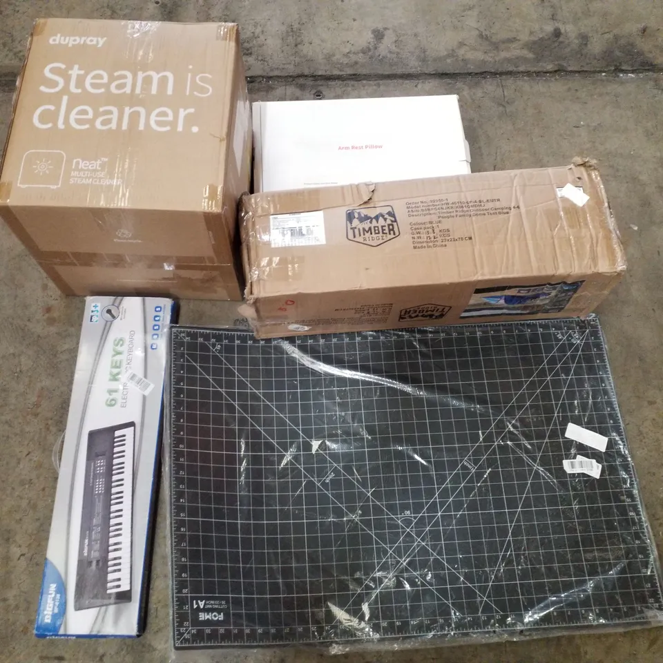 PALLET CONTAINING ASSORTED PRODUCTS INCLUDING MULTI-USE STEAM CLEANER, ARM REST PILLOW, ELECTRIC KEYBOARD, CUTTING MAT & TIMBER RIDGE TENT