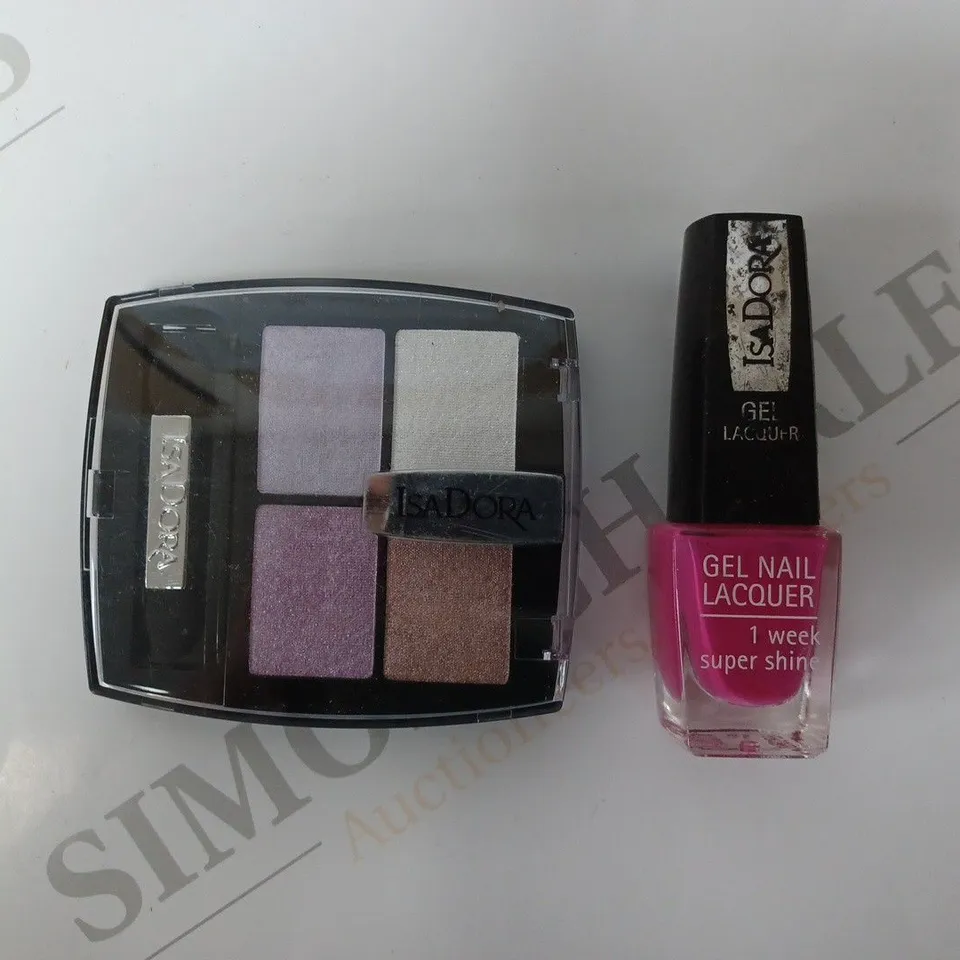 APPROXIMATELY 19 ASSORTED ISADORA BEAUTY PRODUCTS TO INCLUDE GEL NAIL LACQUER #223 CHERISE AND EYESHADOW QUARTET #27 AMETHYST CRYSTAL  