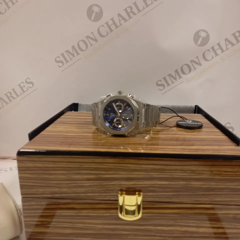 MENS DESCHAMPS & CO CHRONOGRAPH WATCH – SUB DIALS WITH DATE – STAINLESS CASE & STRAP – 5ATM WATER RESISTANT - WOODEN GIFT BOX 
