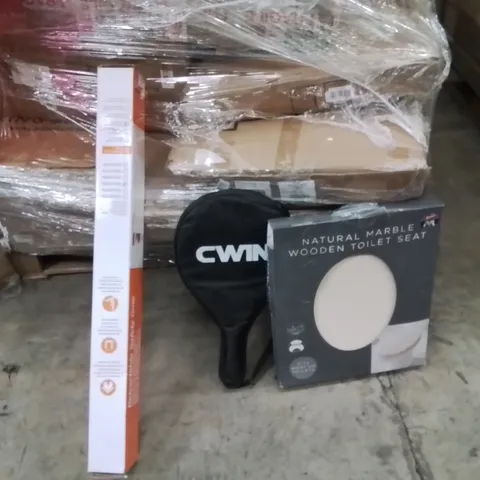 PALLET OF ASSORTED HOUSEHOLD GOODS AND PRODUCTS TO INCLUDE;RETRACTABLE SAFETY GATE,TABLE TENNIS RACKET,TOILET SEAT