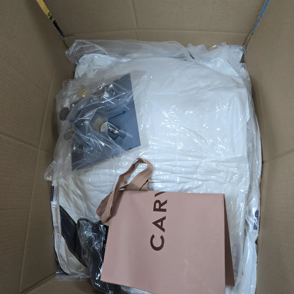 BOX OF APPROXIMATELY 15 ASSORTED ITEMS TO INCLUDE: ALARM CLOCK AND YARN