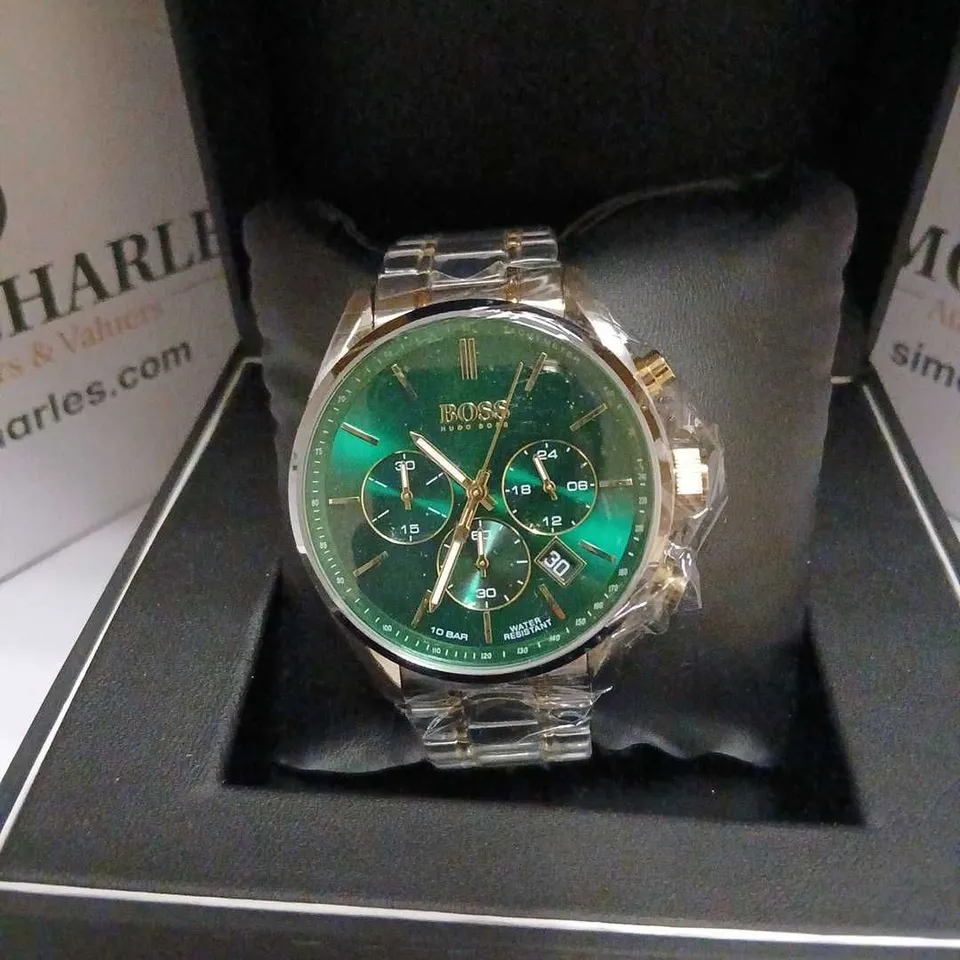 HUGO BOSS CHRONOGRAPH WATCH – GREEN DIAL, TWO-TONE STAINLESS STEEL BRACELET – BOXED