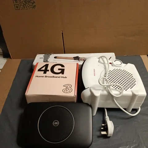 BOX OF APPROXIMATELY 15 ASSORTED HOUSEHOLD ITEMS TO INCLUDE WAVE CHIC HAIR CURLER, FAN HEATER, HOME BROADBAND HUB ETC
