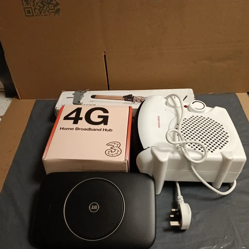 BOX OF APPROXIMATELY 15 ASSORTED HOUSEHOLD ITEMS TO INCLUDE WAVE CHIC HAIR CURLER, FAN HEATER, HOME BROADBAND HUB ETC