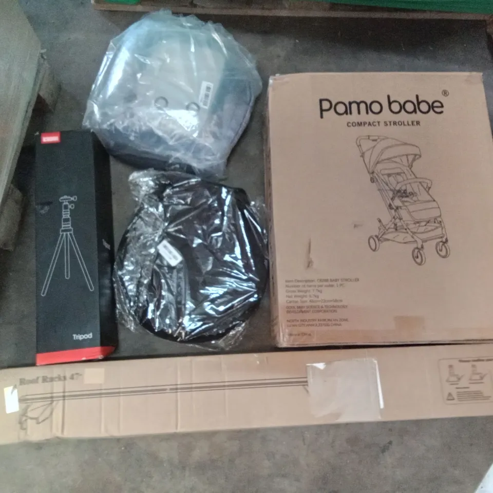 PALLET OF ASSORTED ITEMS INCLUDING PAMO BABEL COMPACT STROLLER, ROOF RACKS, CAMERA TRIPOD, PET CARRIER, ROUND SEAT CUSHION, REFRACTOR TELESCOPE