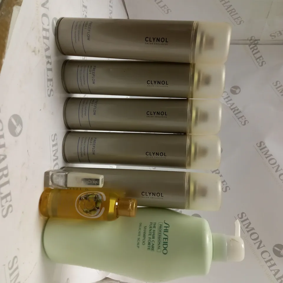 LOT OF 8 TO INCLUDE FLEXIBLE HAIRSPRAY , SHAMPOO , ETC