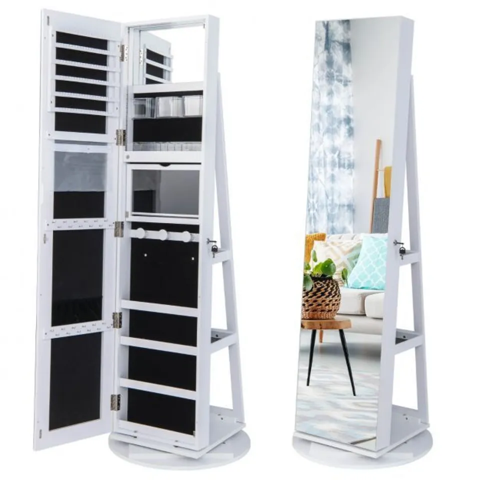 BOXED COSTWAY 3-IN-1 JEWELRY CABINET MOBILE MIRROR JEWELRY ARMOIRE W/ 3-COLOR LED LIGHTS - WHITE