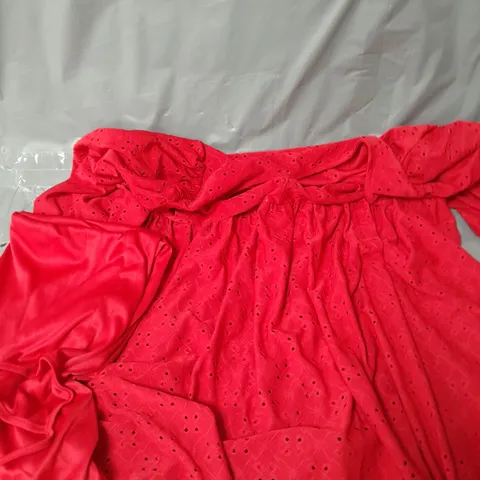 BRODERIE PUFF SLEEVE SMOCK MINI DRESS - RED - 16