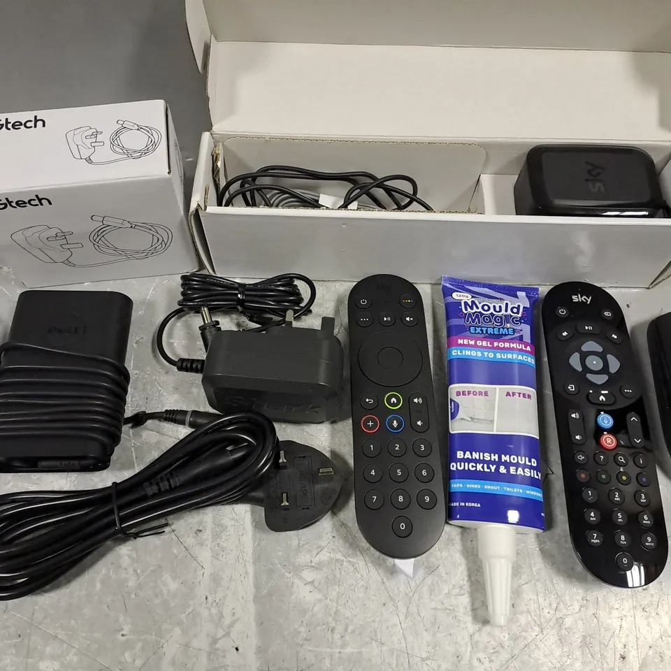 ASSORTED ELECTRICAL HOUSEHOLD ITEMS TO INCLUDE REMOTES, CABLES, GTECH MOUSE, ETC 